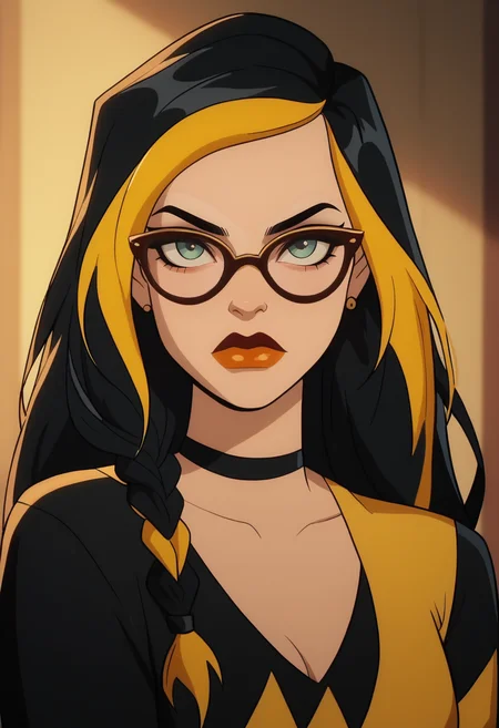 score_9, score_8_up, score_7_up, 1girl, solo, braid, black shirt, yellow print, glasses, half body, confident,
<lora:EgirlPFP-XLP:1> egirlpfp,  <lora:Golden_Glider_Kite_Man_r1:0.7> long hair, black hair, gold hair, multicolored hair, choker, lipstick