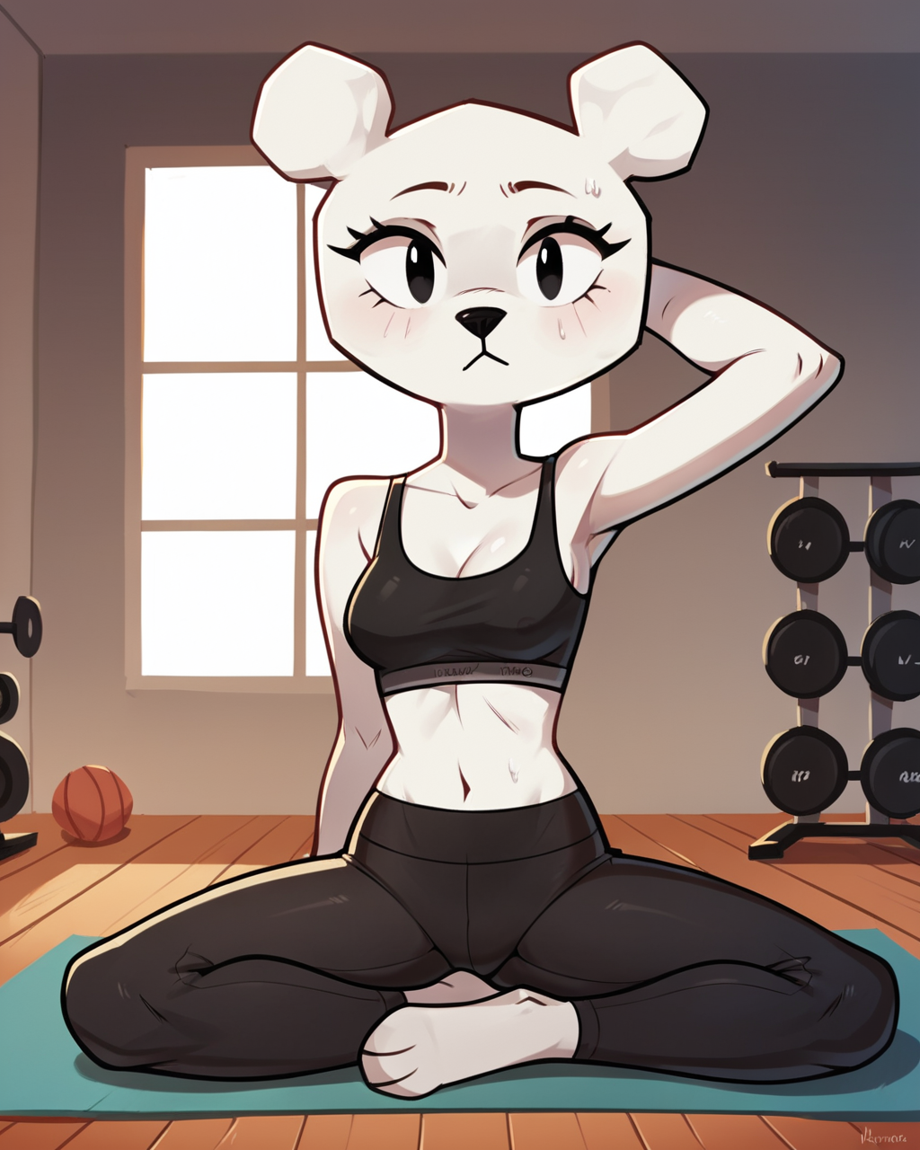score_9, score_8_up, 1girl, Teri, anthro, animal ears, white fur, black eyes, petite, gym bra, yoga pants, indoors, zPDXL3, <lora:Teri_PDXL:1>