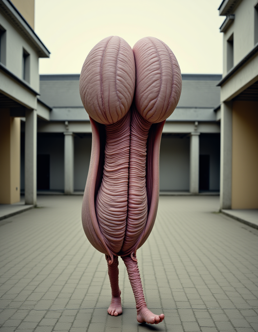 PeenKin, a surreal image where a conjoined twin spitting goo wrinkled internal organ wearing a thin foreskin flesh hood is Running in a world war 2 era aesthetic courtyard.