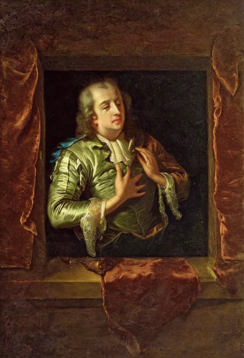 detailxl, easynegative, BREAK, a painting of headless 18th century aristocrat in the style of godfried-schalcken, floating head, barely visible, empty eyes, vomiting blood, hallway of the mansion, BREAK, darkness, at night, impossible architecture