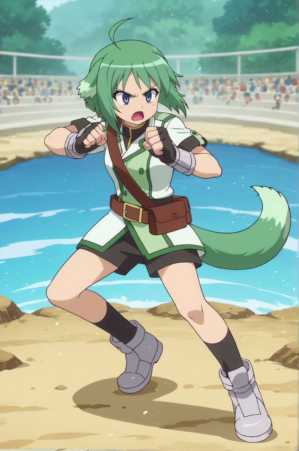 score_9, score_8_up, score_7_up,anime_source, source_anime, best background, detailed background, anime screencap,  Eclair, fighting pose, fingerless gloves, dynamic angle, dynamic camera, gloves, uniform, tail, outdoors, <lora:JN_Martinozzi_Eclair:0.8>