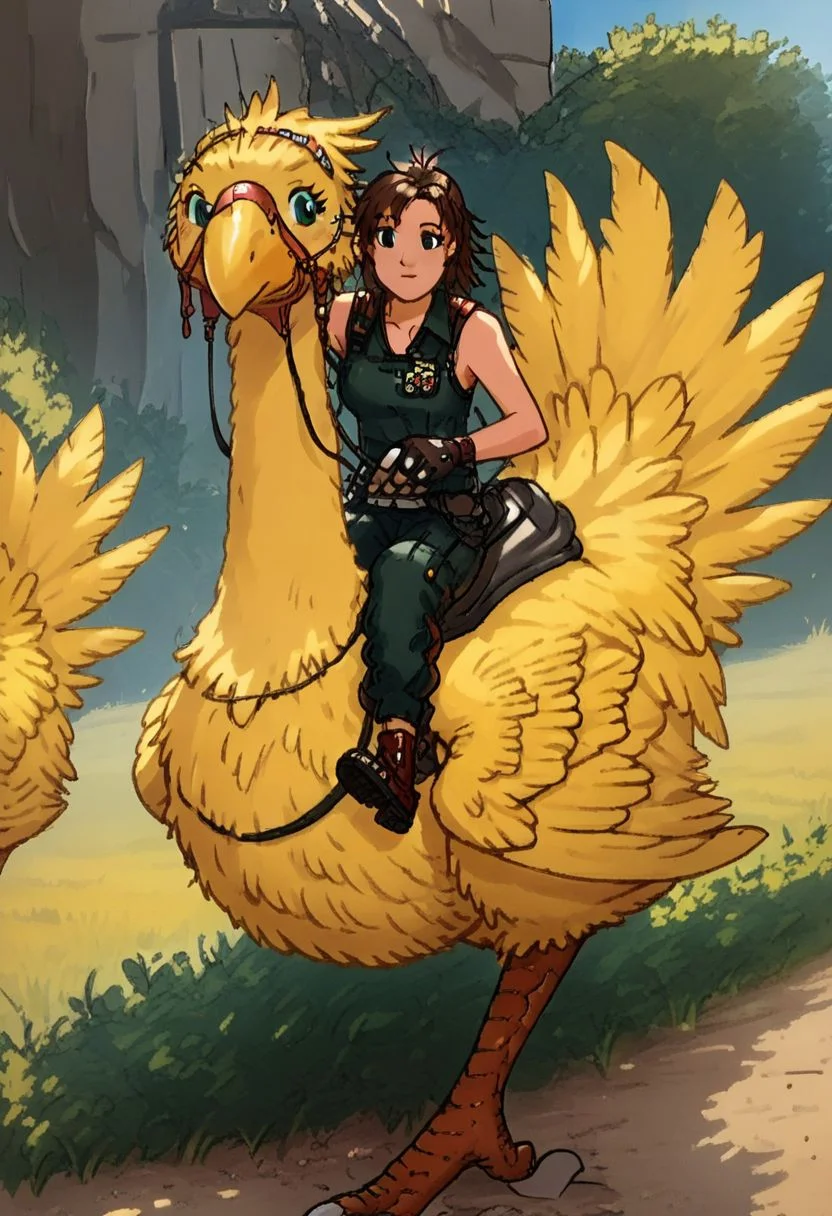 Bpb1,1girl,2d,Score_9, score_8_up, score_7_up, score_6_up,brown hair ,(riding a yellow chocobo), scool uniform, closeup, chocobo sprinting, outdoors, facing viewer, bird