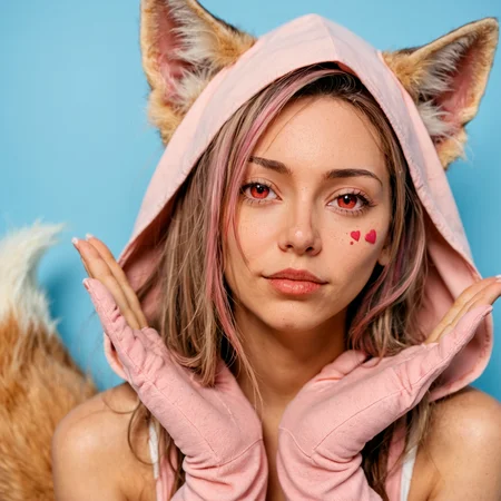 score_9, score_8_up, score_7_up, photo, photorealistic,   1girl, solo, blonde hair, tail, pink, fox_ears, cute, red eyes, medium hair, pastel, thick, gloves, hood, portrait,