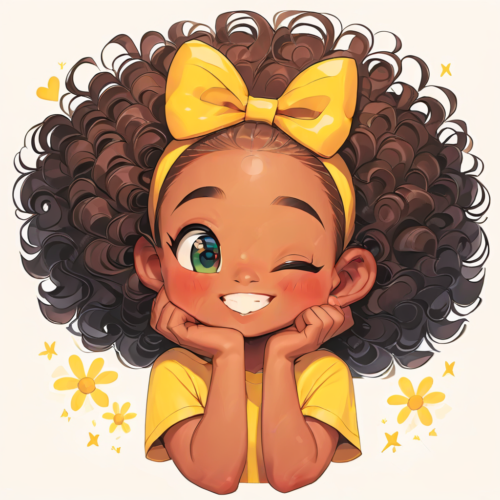 masterpiece, high quality, cutecartoon, The image shows a cute little girl with curly hair wearing a yellow t-shirt and a yellow bow on her head, set against a white background with stars., 1girl, solo, long hair, looking at viewer, blush, smile, simple background, shirt, brown hair, white background, bow, green eyes, upper body, short sleeves, heart, hair bow, hairband, teeth, one eye closed, dark skin, grin, dark-skinned female, child, yellow bow, forehead, yellow shirt, curly hair, big hair