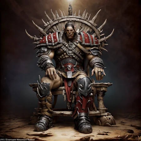 RAW photo, (masterpiece:1.3), subsurface scattering, heavy shadow, (high quality:1.4), (intricate, high detail:1.2), professional photography, HDR, High Dynamic Range, realistic, ultra realistic, photorealistic, high resolution, film photography, ambient lighting, atmospheric effects, <lora:detail_slider_v4:2>, OverallDetail, OrcW, <lora:OrcWarrior1:1>, a male orc warlord, ((full body shot)), plate armor, sitting on throne, in the style of Warhammer fantasy, World of Warcraft, ((perfect hands)), epiCPhoto