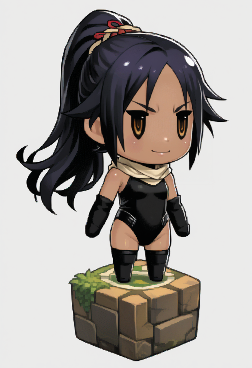 score_9, score_8_up, score_7_up, source_anime, 1girl, solo, smile
<lora:zs_PictlogicaStyleXL:1> ffpictlogicastyle, chibi, full body, faux figurine, white background
 <lora:ChamShihouinYoruichiPonyXL:1>  YoruichiLeotard, dark-skinned female, long hair, high ponytail, hair tie, black leotard, highleg leotard, bare shoulders, scarf, black elbow gloves, black thighhighs,