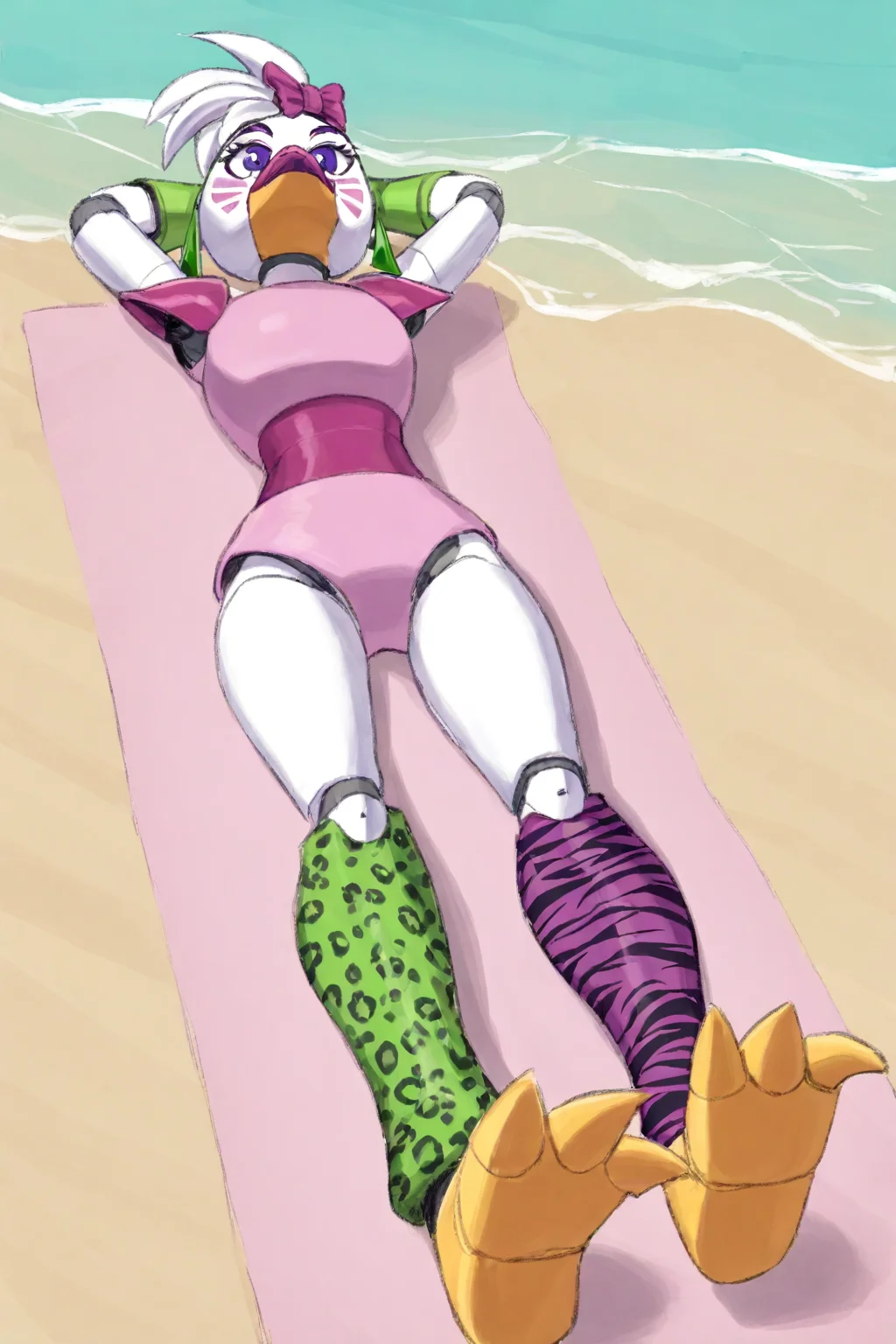 feminine, masterpiece, best quality, newest, absurdres, highres, glamrock chica, beak, green triangle earrings, purple bow in hair, green fingerless gloves, green leopard print leg warmer, purple tiger print legwarmer, leotard, shoulderpads, purple lipstick, animatronic, robot, animatronic head, lying down, on towel, relaxing, hands behind head,
BREAK
beach water, dynamic background, <lora:Glamrock_Chica_IL:1>