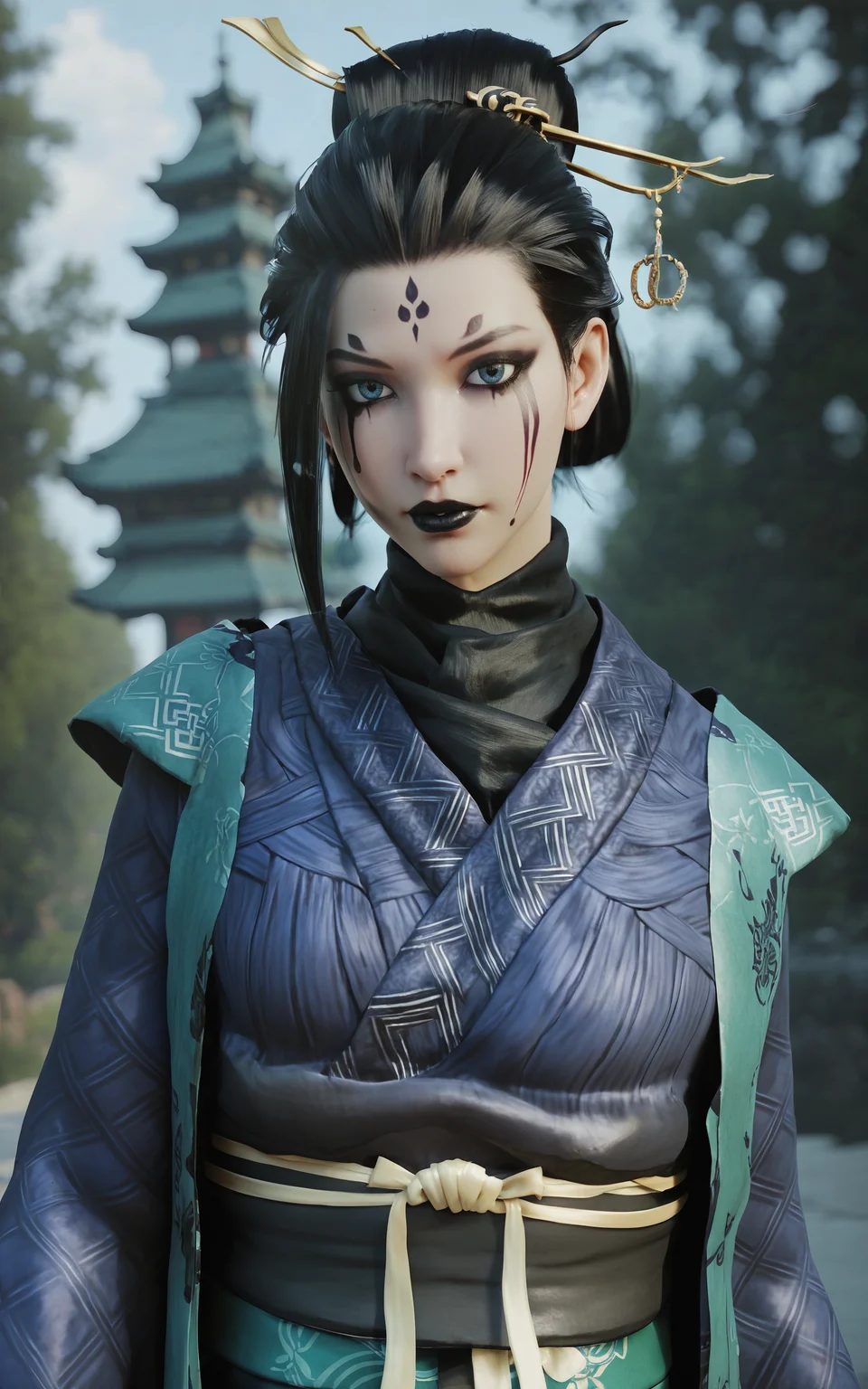 score_9, score_8_up, score_7_up, 8k, best quality, masterpiece, (ultra-detailed), solo, upper body:1.1), looking at viewer,
<lora:zzsimei2-pony-Tanger:0.7>, zzsimei, Fourth daughter, Navy blue Hanfu, long sleeves, black lips, makeup, facial mark, by heishenhua, game cg, solo, black hair, hair stick, 1girl, sash, Heavy black makeup, realistic, kimono,
cold light, cool tone, moonlight, depth of field, dynamic angle, top to knees view, (fingernails,nail_polish,black_nails),
<lora:Turquoise Style LoRA_Pony XL v6:0.25>, traditional media, realistic,