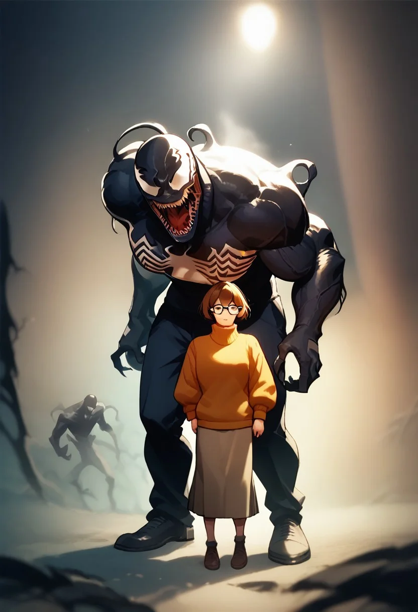 score_9, score_8_up, score_7_up, score_6_up,source anime,,1girl,1man, brown hair, glasses, sweater, brown eyes, skirt, short hair, looking at viewer, turtleneck, turtleneck sweater,
1man,Venom stands at his full height behind him, showing off the muscles on his powerful arms, big teeth, and a crazy smile.symbiote,muscular,tongue out,monster,