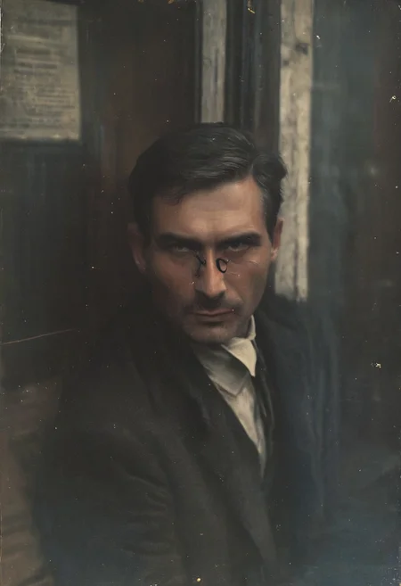 50 years old, elegant, wealthy man, servant, dark longer hair, clean-shaven, honey eyes, pondering facial expression, in his hands an elegant black cane with a knob looking like a lions head, beautifully carved out of ivory, wearing a white shirt and an elegant dark blue suit, a bowler hat on his head with a small blue feather, a watch on a chain, thin glasses on his nose old-fashioned shiny frame, standing in front of the entrance to the bank, full body, portrait, 35 mm f 1.8 lens, gentle morning light,,<lora:Vintage_Street_Photo:0.8>
BREAK