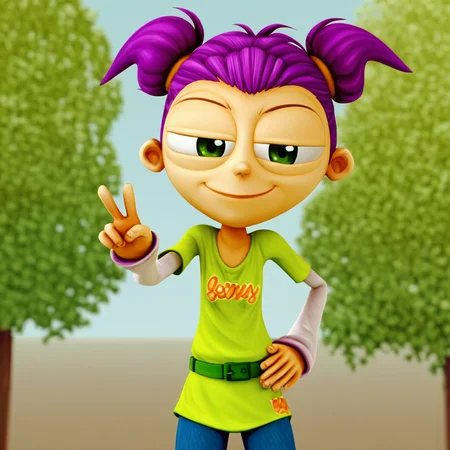 score_9, solo, lola_ar, 1girl, purple hair, twintails, green eyes, shirt, belt, jeans, v, looking at viewer, smirk, tree