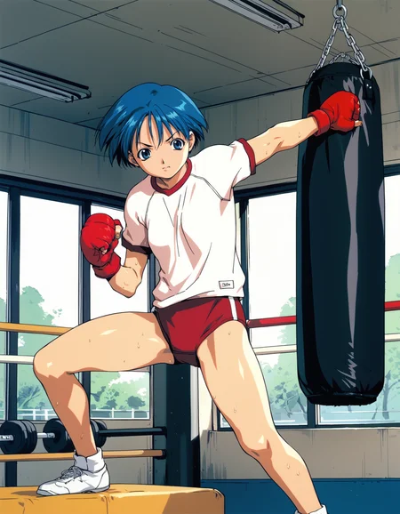 score_9, score_8_up, score_7_up, <lora:to-heart-ponyxl:0.9> 1girl, solo, matsubara aoi, blue hair, short hair, gym uniform, red buruma, fighting stance, fingerless gloves, red gloves, punching bag, indoors, gym, sweat