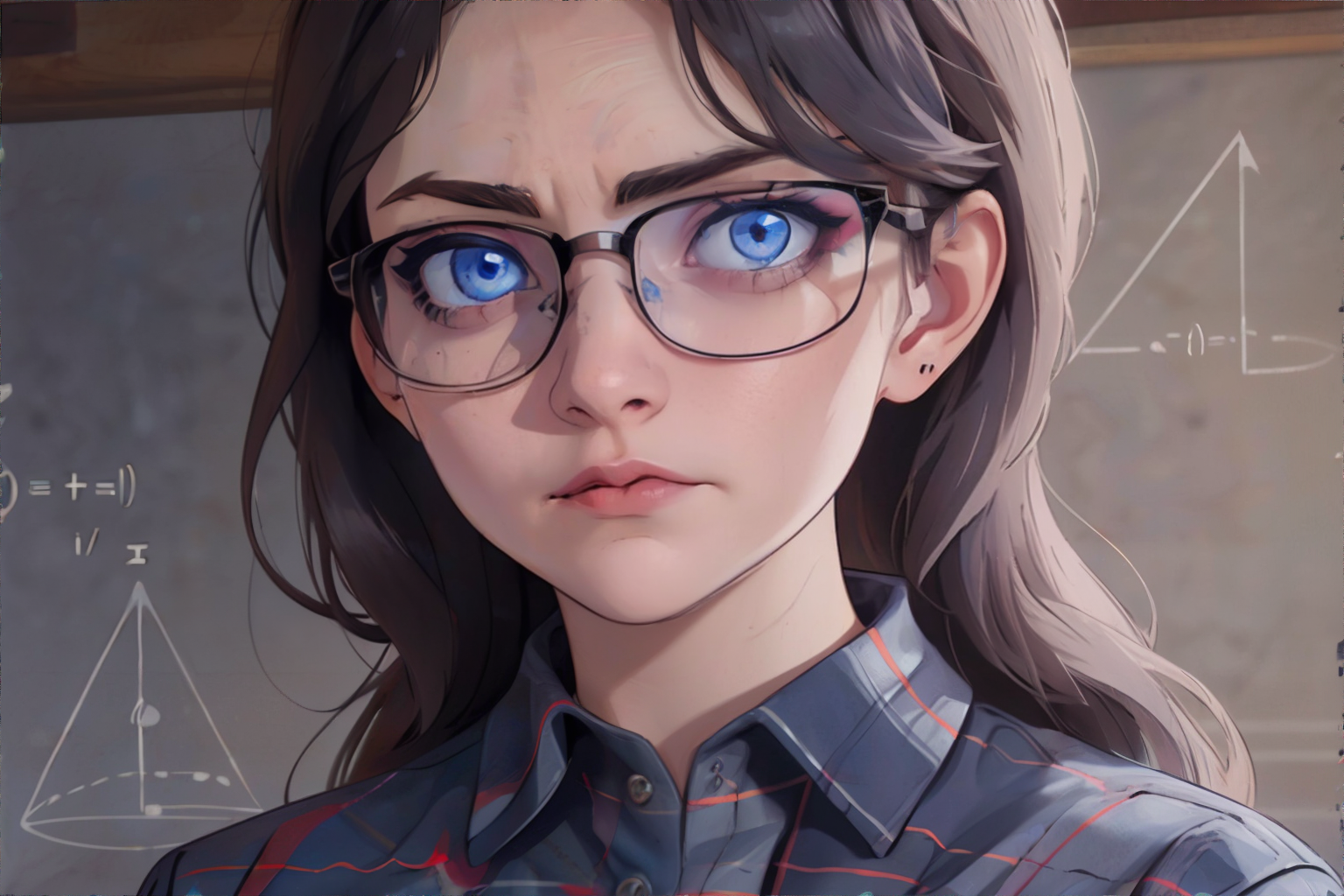 <lora:mathlady-incursio:1.00>, MathLadyMeme, text, english text, <lora:bzl:0.8>, bzl_test, glasses, flannel shirt, (blue|grey) eyes, <clip:skip:2> || skin, hair, text, chalk, masterpiece, 8k, high resolution, shallow depth of field, sharp focus