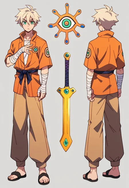 score_9, score_8_up, score_7_up, score_6_up, simple background, character sheet, looking at viewer, full body, 1boy, solo, character sheet, reference sheet, young man, white spiky hair, medium hair, green spiral eyes, pale skin, orange coat, baggy pants, hand wraps, arm wraps, sandals, alien angel wings, one hand with a Omega Sword