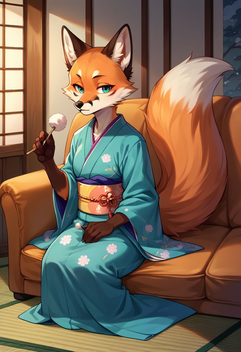 score_9, score_8, score_7, (source_furry, anthro, fox, orange fur)
lap pillow invitation, holding mimikaki,
kimono,
sitting, couch