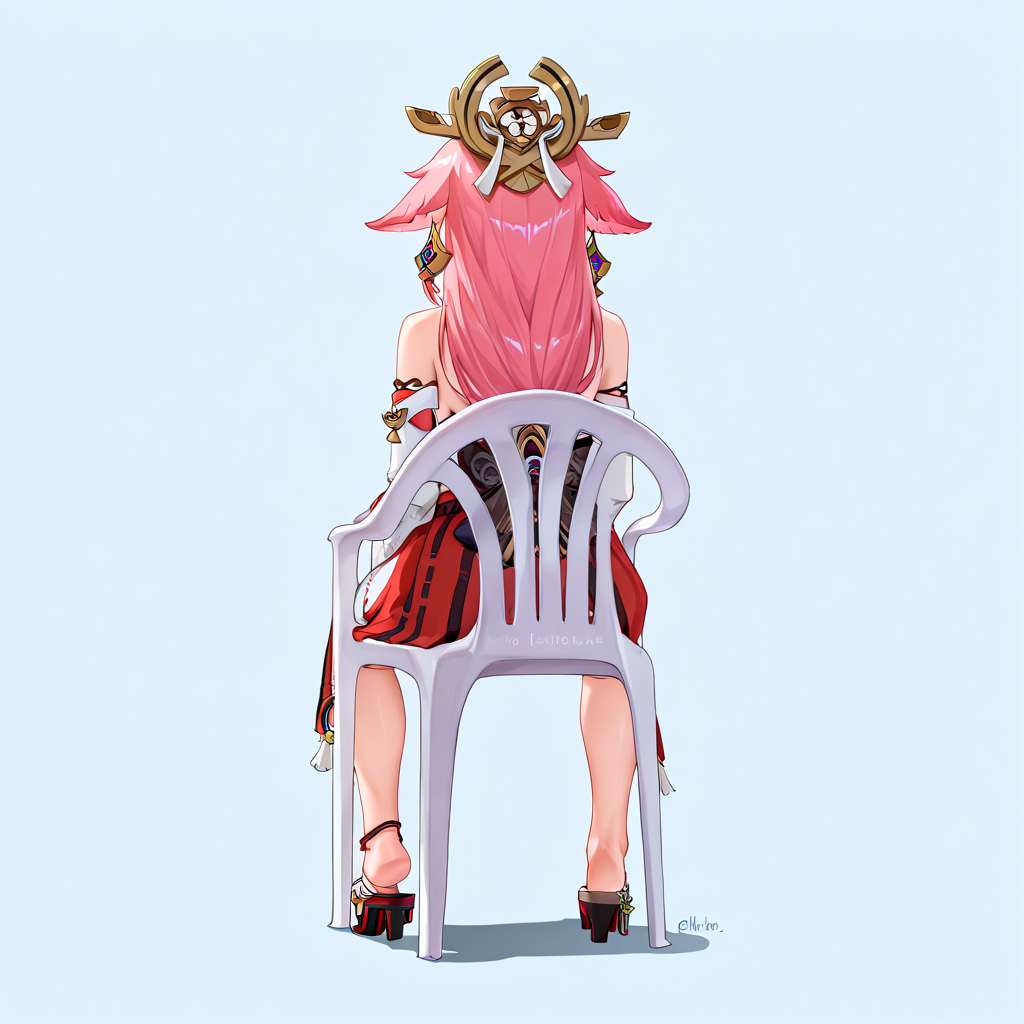 (masterpiece, high quality, amazing detail), highres, 1girl, yae miko, solo, monobloc chair, sitting, from behind, simple background, <lora:monobloc_chair:1>