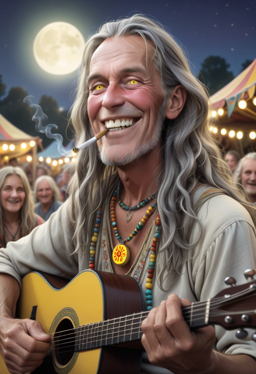 Man aged 69, collar-length straggly grey thinning hair, hippy, necklace with eyeball design, big yellow front teeth, smoking cigarette, manic look, double-chin, dilated pupils, playing shiny acoustic guitar 
grinning, folk festival, stalls, crowds, Moonlight, brightly lit on one side