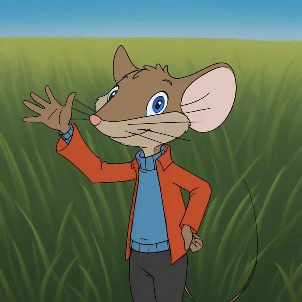 source_cartoon, 1boy, eckhartmouse, solo, semi-anthro, mouse, brown fur, whiskers, blue eyes, red jacket, blue turtleneck sweater, black short pants, looking at viewer, smile, closed mouth, waving hand, hand on hip, grass, blue sky, outdoors