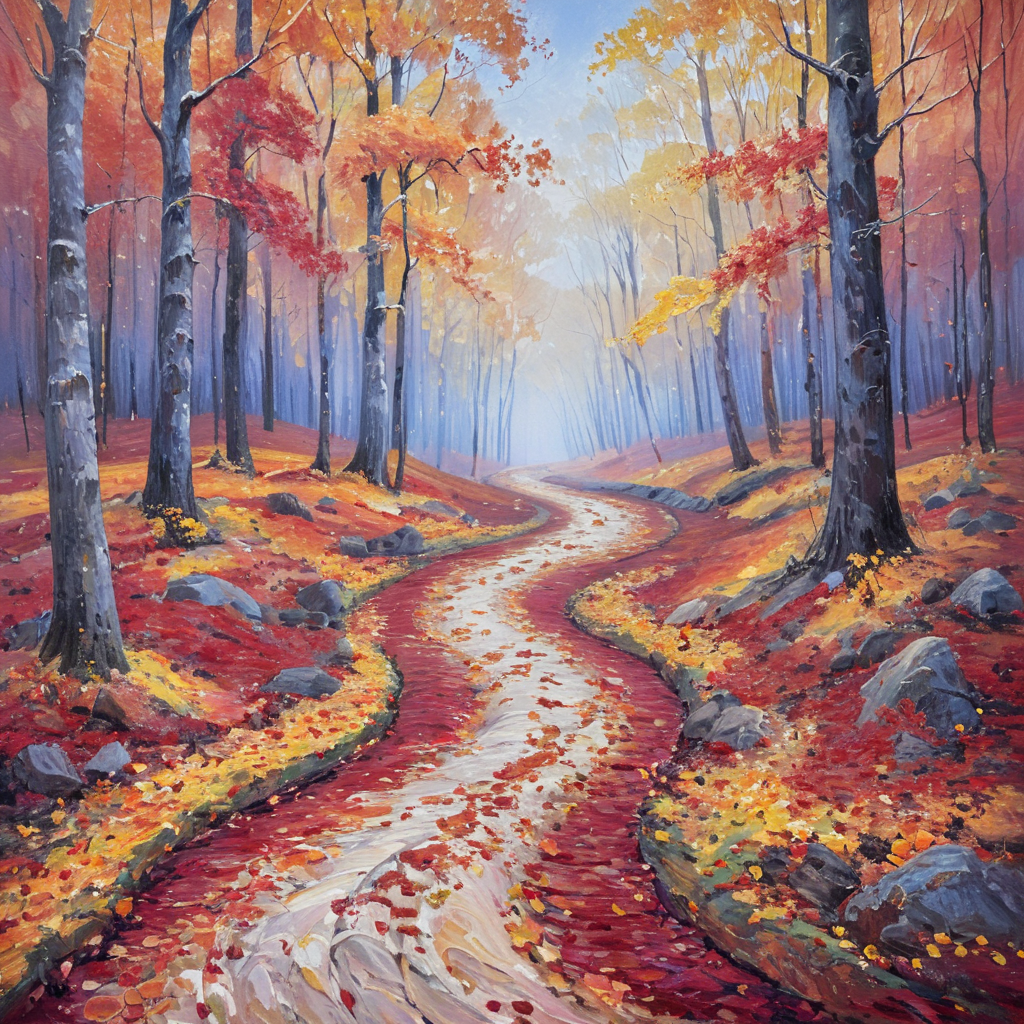 masterpiece, best quality, <lora:add-detail-xl:1>, <lora:ArsMJStylePony_-_Impressionism:1>, ArsMJStyle, impressionism,  A colorful autumn forest, with a winding path disappearing among trees ablaze in reds, oranges, and golds. Fallen leaves carpet the ground, their colors blending in a swirl of impressionistic brushstrokes. The scene pulses with the vibrant energy of the changing seasons.