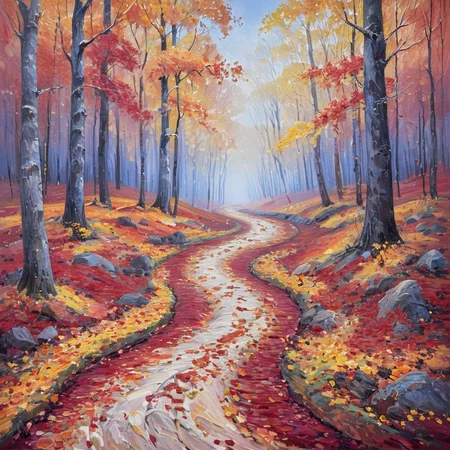 masterpiece, best quality, <lora:add-detail-xl:1>, <lora:ArsMJStylePony_-_Impressionism:1>, ArsMJStyle, impressionism, A colorful autumn forest, with a winding path disappearing among trees ablaze in reds, oranges, and golds. Fallen leaves carpet the ground, their colors blending in a swirl of impressionistic brushstrokes. The scene pulses with the vibrant energy of the changing seasons.