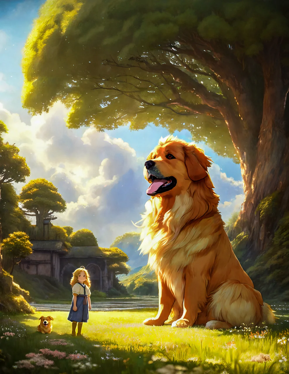 block Ghibli style paint depicting a tiny human kid in front of a (Giant adorable smiling fluffy golden retriever:1.1 in a (ruins landscape:0.001)), (detailed clear eyes), posed character portrait design study, backlit, light rays, highly detailed, trending on artstation, (size different), (Ghibli), looking at viewer