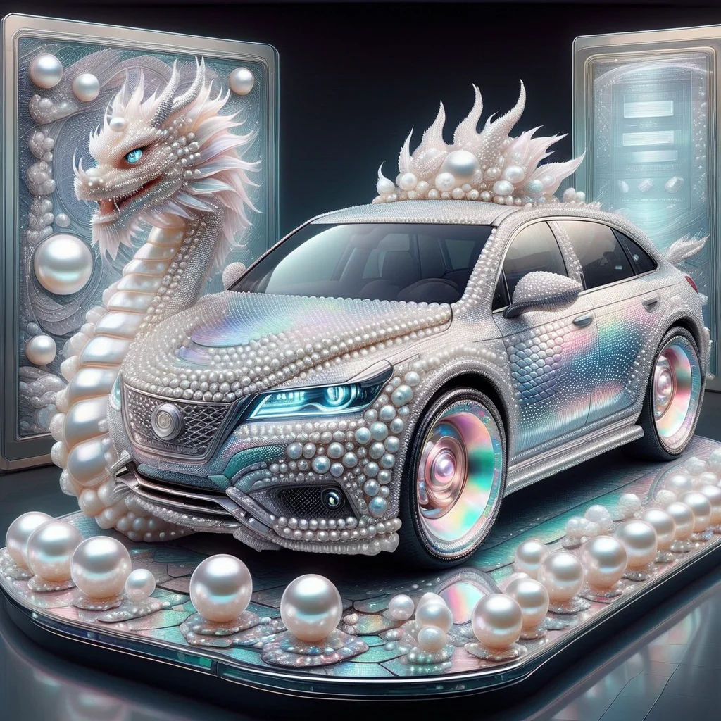 Pearlum, pearlescent scales, vehicles, upscale dining, highly detailed design, dragon, shiny spheres, futuristic interface, high resolution, portrait, holographic displays, translucent glass, central area, detailed, footwear, intricate detailing, visible joints, digital illustration, pearl jewelry, sensors, vibrant, doorways, digitally enhanced rose, surreal, reflective legs, hexagonal patterns, automotive design, technology