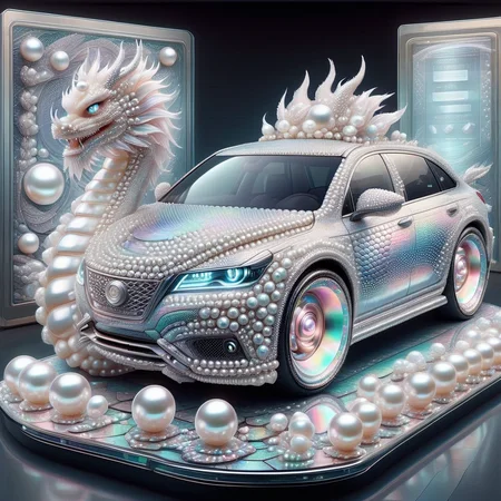 Pearlum, pearlescent scales, vehicles, upscale dining, highly detailed design, dragon, shiny spheres, futuristic interface, high resolution, portrait, holographic displays, translucent glass, central area, detailed, footwear, intricate detailing, visible joints, digital illustration, pearl jewelry, sensors, vibrant, doorways, digitally enhanced rose, surreal, reflective legs, hexagonal patterns, automotive design, technology