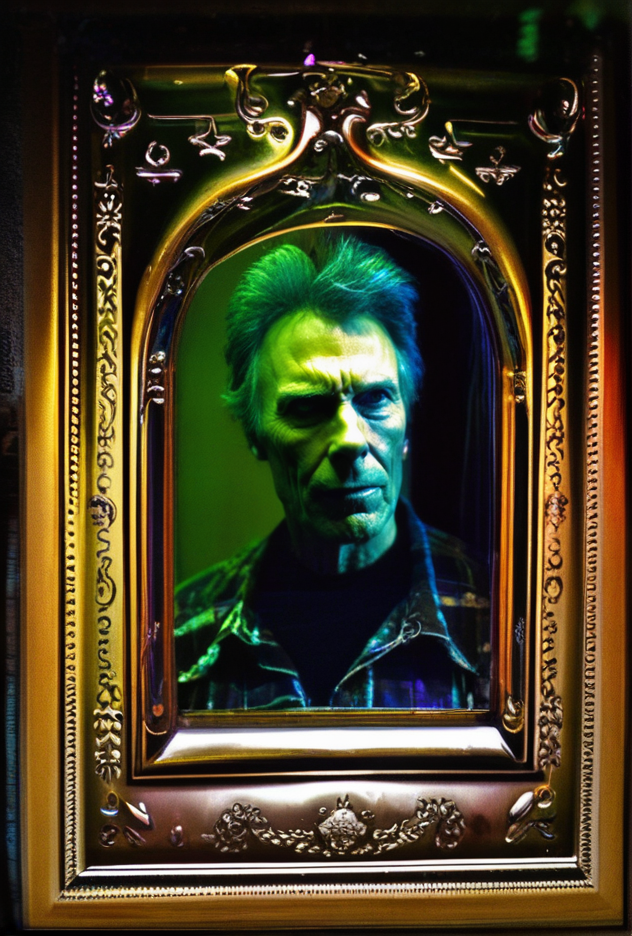 metaphysical style Analog photo of magic mirror in Clint Eastwood's Hollywood mansion allowing him to see his personal egregore avatar looking back at him from the mirror dimension, chiaroscuro blacklight, deep blacks, strbe lights 
<lora:LCM-LoRA-XL_V1:0.21>
<lora:SDXLHighDetail_v5:0.3>
 <lora:sdxl_photorealistic_slider_v1:1.2>  . surreal, eerie, uncanny, detailed