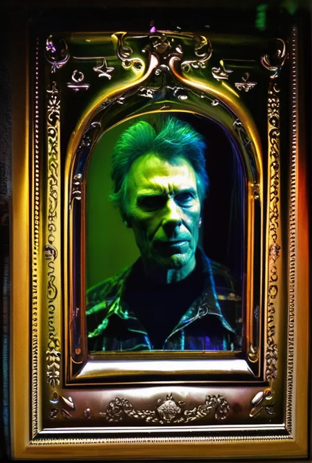 metaphysical style Analog photo of magic mirror in Clint Eastwood's Hollywood mansion allowing him to see his personal egregore avatar looking back at him from the mirror dimension, chiaroscuro blacklight, deep blacks, strbe lights
<lora:LCM-LoRA-XL_V1:0.21>
<lora:SDXLHighDetail_v5:0.3>
<lora:sdxl_photorealistic_slider_v1:1.2> . surreal, eerie, uncanny, detailed