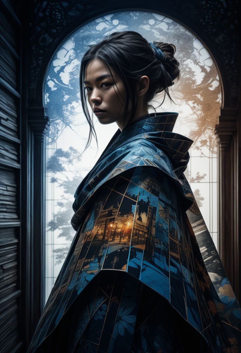 mysterious silhouette samurai woman in cape, in temple, goddess, alluring, by Minjae Lee, Carne Griffiths, Emily Kell, Steve McCurry, Geoffroy Thoorens, Aaron Horkey, Jordan Grimmer, Greg Rutkowski, amazing depth, double exposure, surreal, geometric patterns, intricately detailed, bokeh,  perfect balanced, deep fine borders, artistic photorealism , smooth,  great masterwork by head of prompt engineering   <lora:add-detail-xl:2>  <lora:Double_Exposure:0.5>