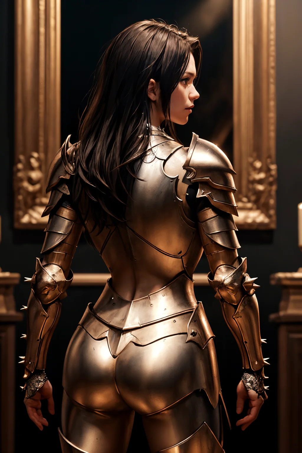 a portrait of a female paladin adorned in holy armor, spiked armor, standing, intricate background, fantasy, lifelike, from behind,
masterpiece, best quality, intricate detail, high background detail, high contrast, <lora:emotion_angry_slider_v1:1> raytracing, <lora:backlight_slider_v10:-1> <lora:contrast_slider_v10:2>, <lora:skin_slider_v10:0.5>