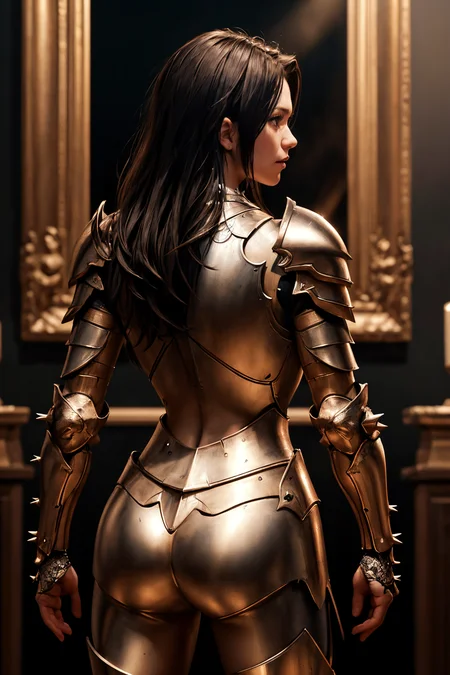 a portrait of a female paladin adorned in holy armor, spiked armor, standing, intricate background, fantasy, lifelike, from behind,
masterpiece, best quality, intricate detail, high background detail, high contrast, <lora:emotion_angry_slider_v1:1> raytracing, <lora:backlight_slider_v10:-1> <lora:contrast_slider_v10:2>, <lora:skin_slider_v10:0.5>