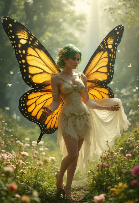 "Photo-realistic image: A butterfly-winged scandinavian woman with vibrant green hair styled in a bob cut, adorned with delicate flowers. Her large, colorful wings display shades of yellow, orange, and black, resembling those of a monarch butterfly. She wears a frilly, white and gold outfit that highlights her slender figure, with matching gloves and sandals. Her expressive eyes and graceful pose exude a sense of ethereal beauty.
Background: Enchanted meadow filled with blooming wildflowers of various colors, with soft sunlight filtering through the trees. The air is filled with floating, glowing particles, giving the scene a magical, serene atmosphere. A gentle breeze causes the flowers and grass to sway, adding to the tranquil setting."