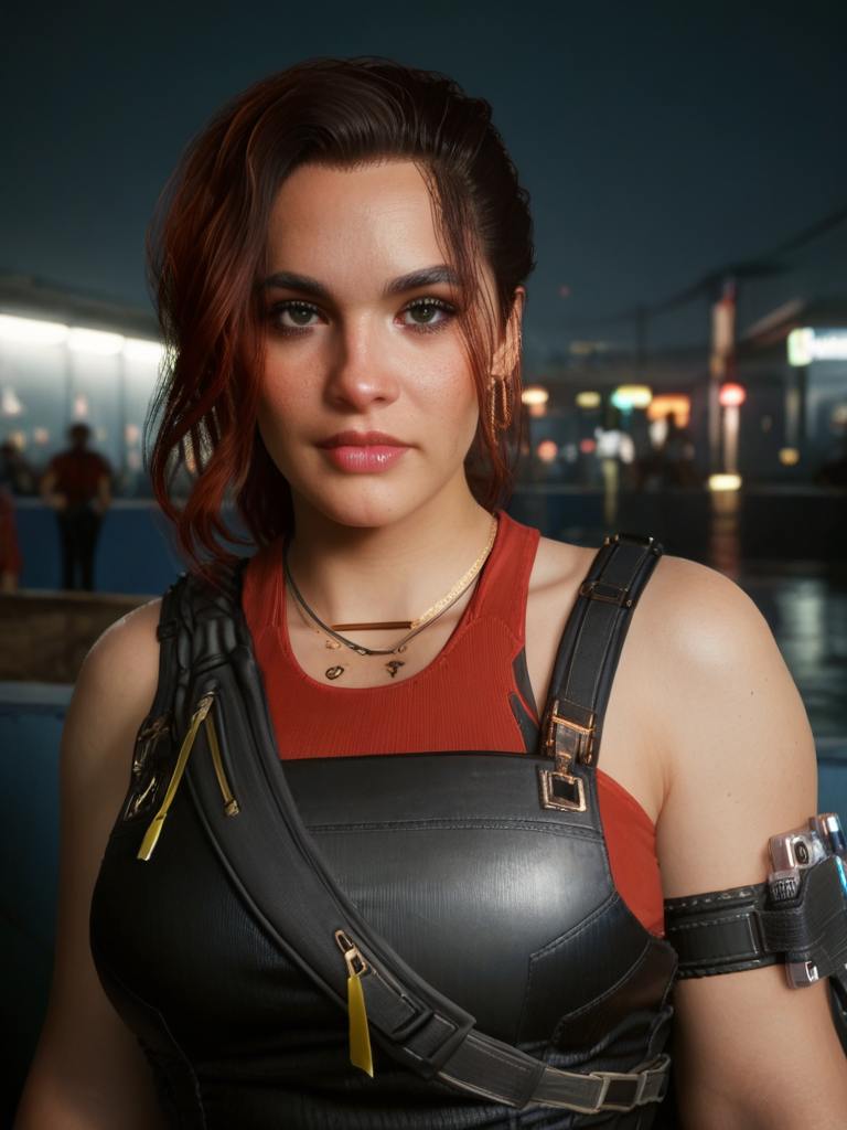 score_9, score_8_up, score_7_up, <lora:Claire_Russell-000008:.8>, claire russell, cyberpunk 2077, claire2077, a woman with a gun and a leather vest, a woman with red hair and a red top, a woman with red hair and a black top, a woman with red hair and a blue jacket, curvy, soft body, (softy tummy), skindentation, looking at viewer, lipgloss, (perfect face)