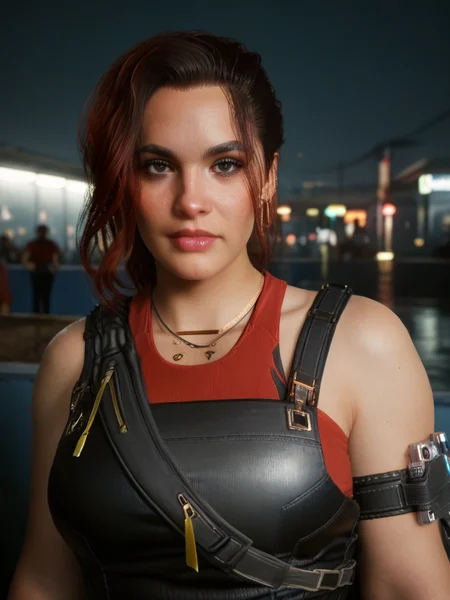 score_9, score_8_up, score_7_up, <lora:Claire_Russell-000008:.8>, claire russell, cyberpunk 2077, claire2077, a woman with a gun and a leather vest, a woman with red hair and a red top, a woman with red hair and a black top, a woman with red hair and a blue jacket, curvy, soft body, (softy tummy), skindentation, looking at viewer, lipgloss, (perfect face)