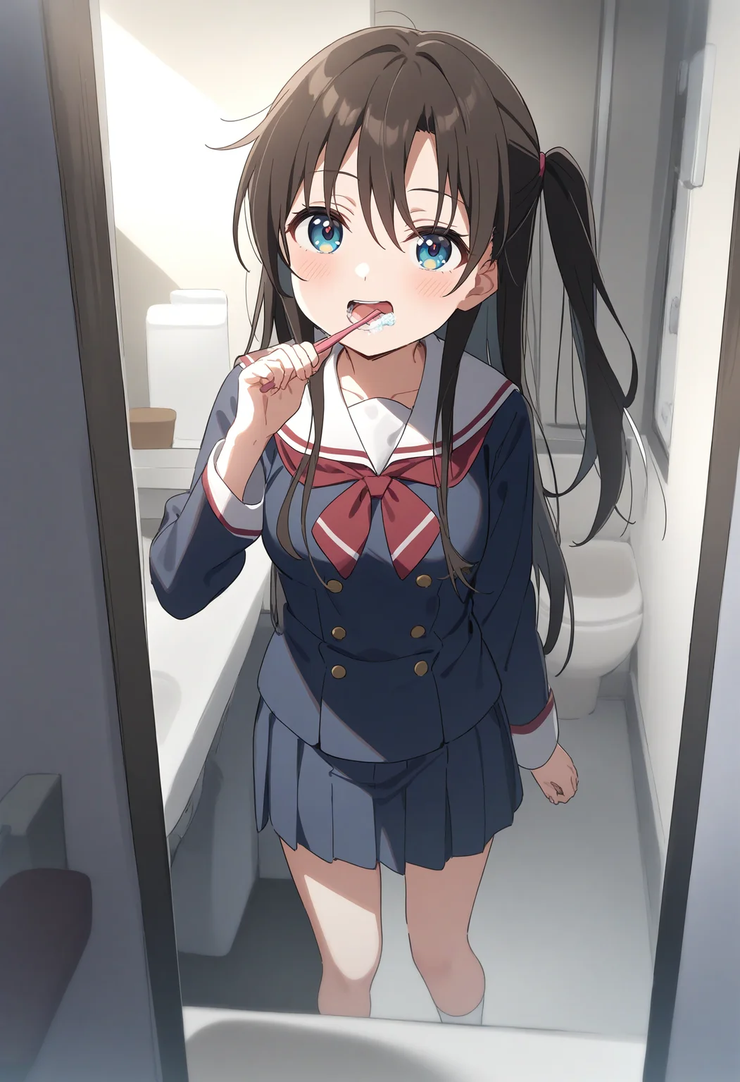 1girl,sincos, ningen mame, toosaka asagi,solo,medium breasts,school uniform,
brushing teeth,toothbrush in mouth,indoors, open mouth, bathroom, mirror, <lora:brushingteeth_XL_v1:0.8>
from behind, wide shot, looking up, brown hair, gray eyes,smile, open mouth, one side up hair,,
best quality, very aesthetic, absurdres