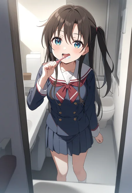 1girl,sincos, ningen mame, toosaka asagi,solo,medium breasts,school uniform,
brushing teeth,toothbrush in mouth,indoors, open mouth, bathroom, mirror, <lora:brushingteeth_XL_v1:0.8>
from behind, wide shot, looking up, brown hair, gray eyes,smile, open mouth, one side up hair,,
best quality, very aesthetic, absurdres