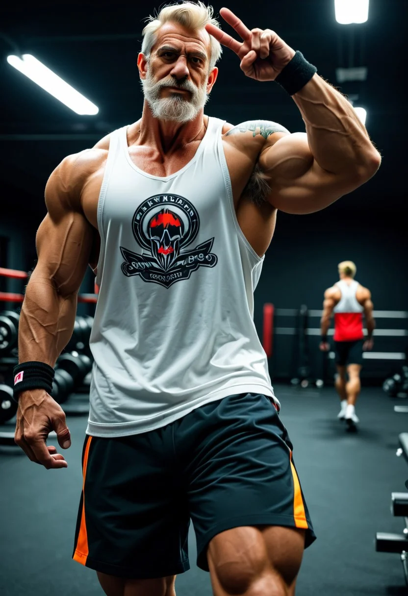 score_9, score_8_up, score_7_up, score_6_up, dark background, nighttime, night, dark lowlight photography,
working out in the gym, training center,
realistic, old male, pov from side, old granddad, thin, tall, tanned skin, colorful tattoos, heavy metal rock tattoos, strong tan, wearing blue long cargoshorts, 3/4 cargoshorts, skater, sweatbands, loose white muscleshirt, v-neck sleeveless tshirt, hairy armpits, old granddad, wrinkles, short blonde hair, blonde beard, german grandpa, thin waist, strong big arms,
walking towards viewer, slow walk,
closeup seen from below, closeup, pov below, portrait,