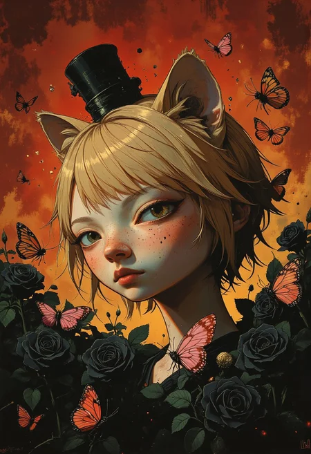 A close-up, highly detailed digital painting of Neco Arc amongst black roses. its head is slightly tilted to the left, gazing directly at the viewer with large, expressive teal eyes. it wears a tiny black tophat on its head.A single pink butterfly is on its nose, The butterflies surrounding her are monarch butterflies with pink bodies featuring intricate red and yellow patterns on their wings. They appear to be interacting gently with the cat, some suspended in flight around her. The background features a warm, golden-red gradient, softly lit to create a dreamy, ethereal atmosphere. The lighting is soft and diffused, casting the cats shadow,creating gentle shadows that add depth and dimension to the portrait. The overall composition is balanced and centered, focusing on the intimate interaction between the cat and the butterflies. The serene expression and the whimsical presence of the butterflies contribute to a magical and tranquil mood,an image of Neco Arc, a chibi with short, messy, light tan hair. She has large, red eyes and cat ears.