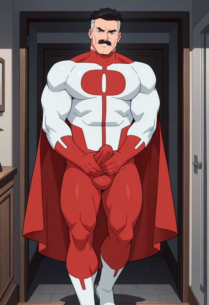 0MN1MAN, 1boy, bara, big pecs, broad shoulders, thick thighs, muscular, detailed background, perfect anatomy, masterpiece, perfect quality, best quality, detailed, newest, very aesthetic, bulge, daddy seductive smirk, blue eyes, two tone hair, undercut, mustache, black hair, mature male, superhero suit, red and white bodysuit, red gloves, white boots, cape, red leggings,  looking at viewer, daddy seductive smirk, erection under clothes, Masturbating, furrowed eyebrows