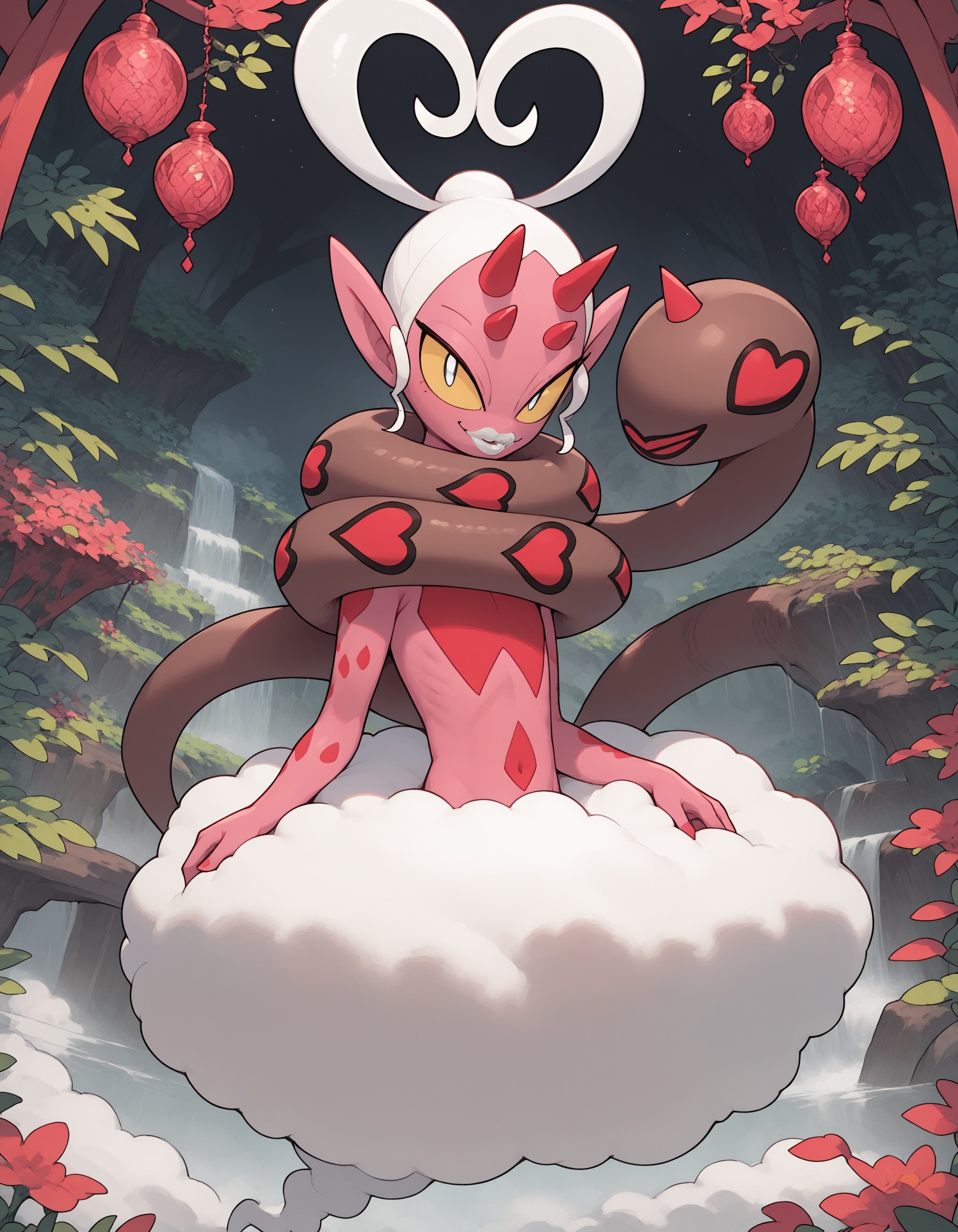 score_9, score_8_up, score_7_up, pokemon \(creature\), looking at viewer, smile, full body, hearts, red swamp setting, white hair, white lips, yellow sclera, horns, pink skin, red spots, brown tail, long tail, cloud
, Enamorus, <lora:cefaa866-a58e-40ba-a219-79ab392f7d60:1.0>, <lora:7ec47181-66fd-458d-94ca-dd9d4ce04993:0.8>, <lora:b3d4dbe1-c391-4afd-9f8f-ce43ea8adeae:0.8>