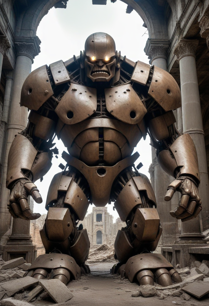 award winning, (professional photo) of (unyielding golem made of iron), enormous size, decorated with metallic accents,  set in  a crumbling ruin, with broken pillars, scattered debris, and a sense of decay, , creative, beautiful, vibrant, masterpiece, 64k, UHD, HDR, full view, atmospheric lighting, extremely detailed