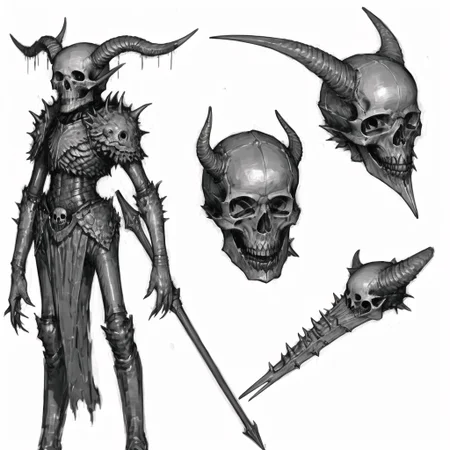 <lora:arielp:1.0>,
(arielpstyle:1.0), dark, horror, creepy, creepy-looking, painting, lovecraftian,
a drawing of a demon with horns and a skull on it's back legs and head, with other demonic looking objects surrounding it, greyscale, monochrome, sharp teeth, spikes, realistic, teeth, monster, white background, 1other, 1girl, claws, open mouth, simple background, solo, no humans, tail, looking at viewer