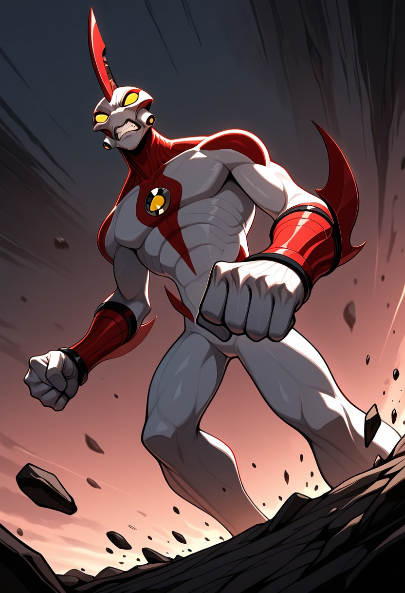 masterpiece, best quality, amazing quality, very aesthetic, absurdres, newest,
,waybig, no humans, solo, alien, horn, single horn, yellow eyes, arm blade,
from below, incoming punch, angry, clenched teeth, punching, falling rocks,