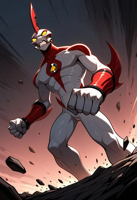 masterpiece, best quality, amazing quality, very aesthetic, absurdres, newest,
,waybig, no humans, solo, alien, horn, single horn, yellow eyes, arm blade,
from below, incoming punch, angry, clenched teeth, punching, falling rocks,