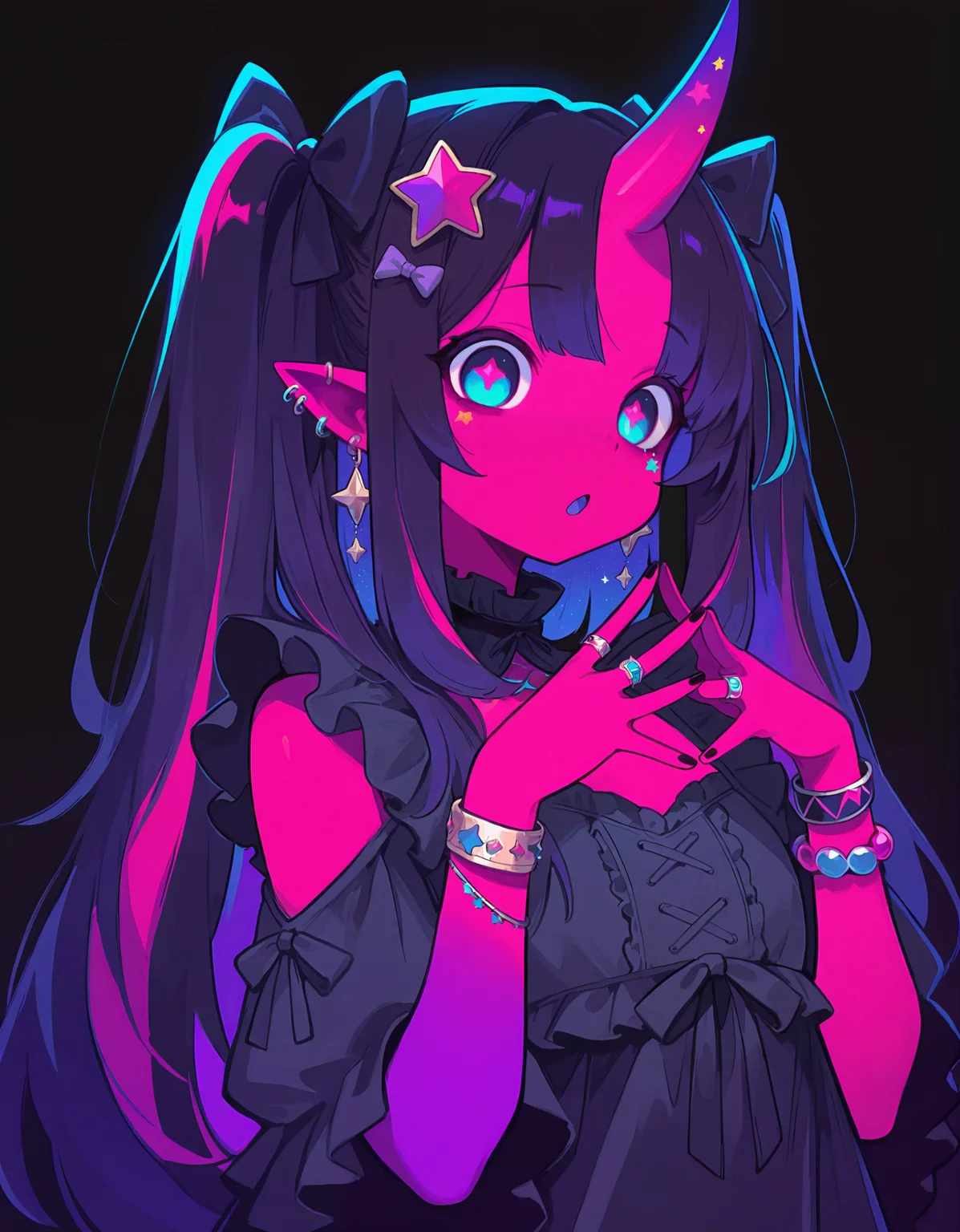 masterpiece, best quality, newest, highres, absurdres, <lora:LeIsT0_style:1>,LeIsT0_illu,bow, jewelry, solo, horns, colored skin, colorful, hair bow, ring, black background, multicolored hair, star (symbol), piercing, single horn, hair ornament, open mouth, bracelet, pink skin, frills, star hair ornament, earrings
