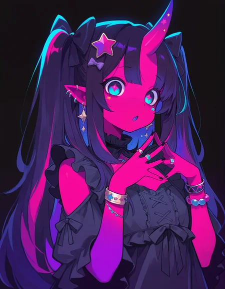 masterpiece, best quality, newest, highres, absurdres, <lora:LeIsT0_style:1>,LeIsT0_illu,bow, jewelry, solo, horns, colored skin, colorful, hair bow, ring, black background, multicolored hair, star (symbol), piercing, single horn, hair ornament, open mouth, bracelet, pink skin, frills, star hair ornament, earrings
