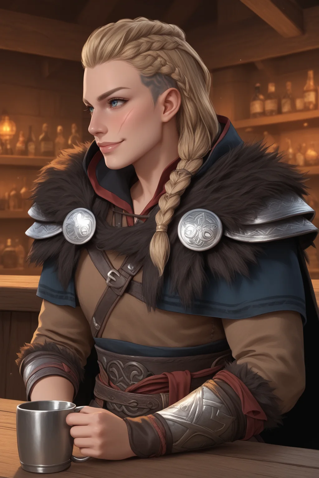 score_9, score_8_up, score_7_up, masterpiece, high quality, BREAK
<lora:AC Valhalla EivorPonyLoRAPonyLoRA:1>eivr, long hair, braid, hair over shoulder, undercut, scar on face, capelet, fur trim, gloves, belt, top, sash, sitting in a viking bar, holding a cup of mead, smile