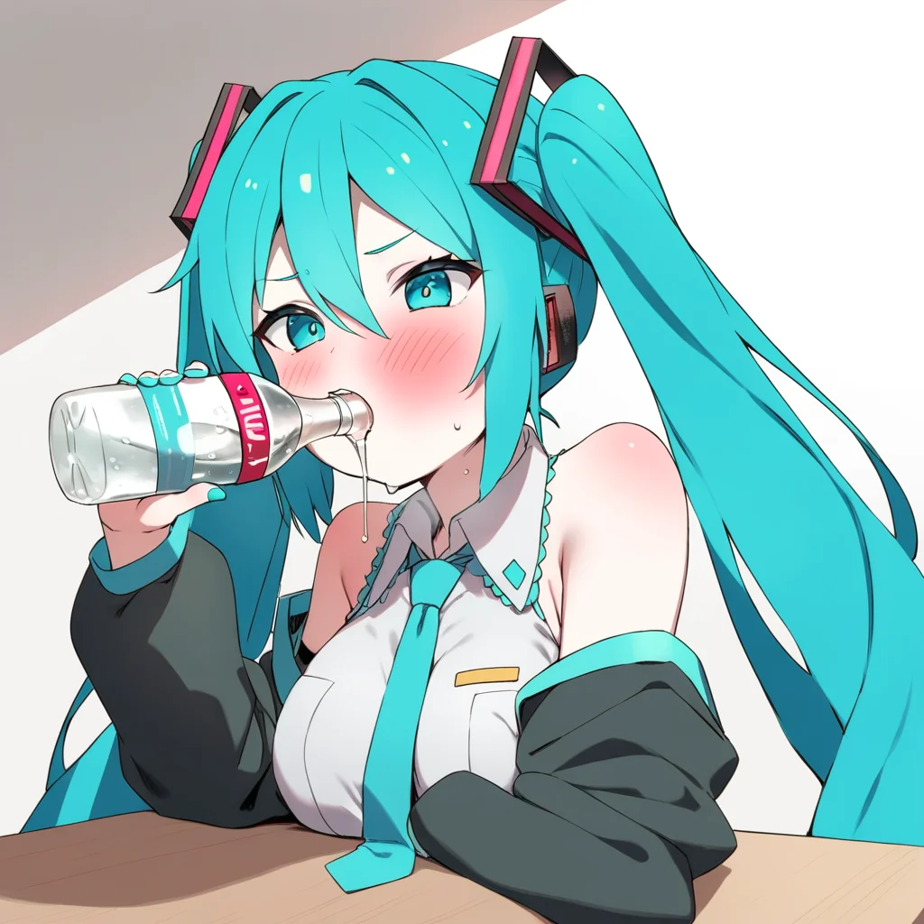 <lora:xl_katyusha_chug(kohaku_delta)-000014:1>,drinking,solo,bottle,blush,hatsune miku,, masterpiece, best quality,