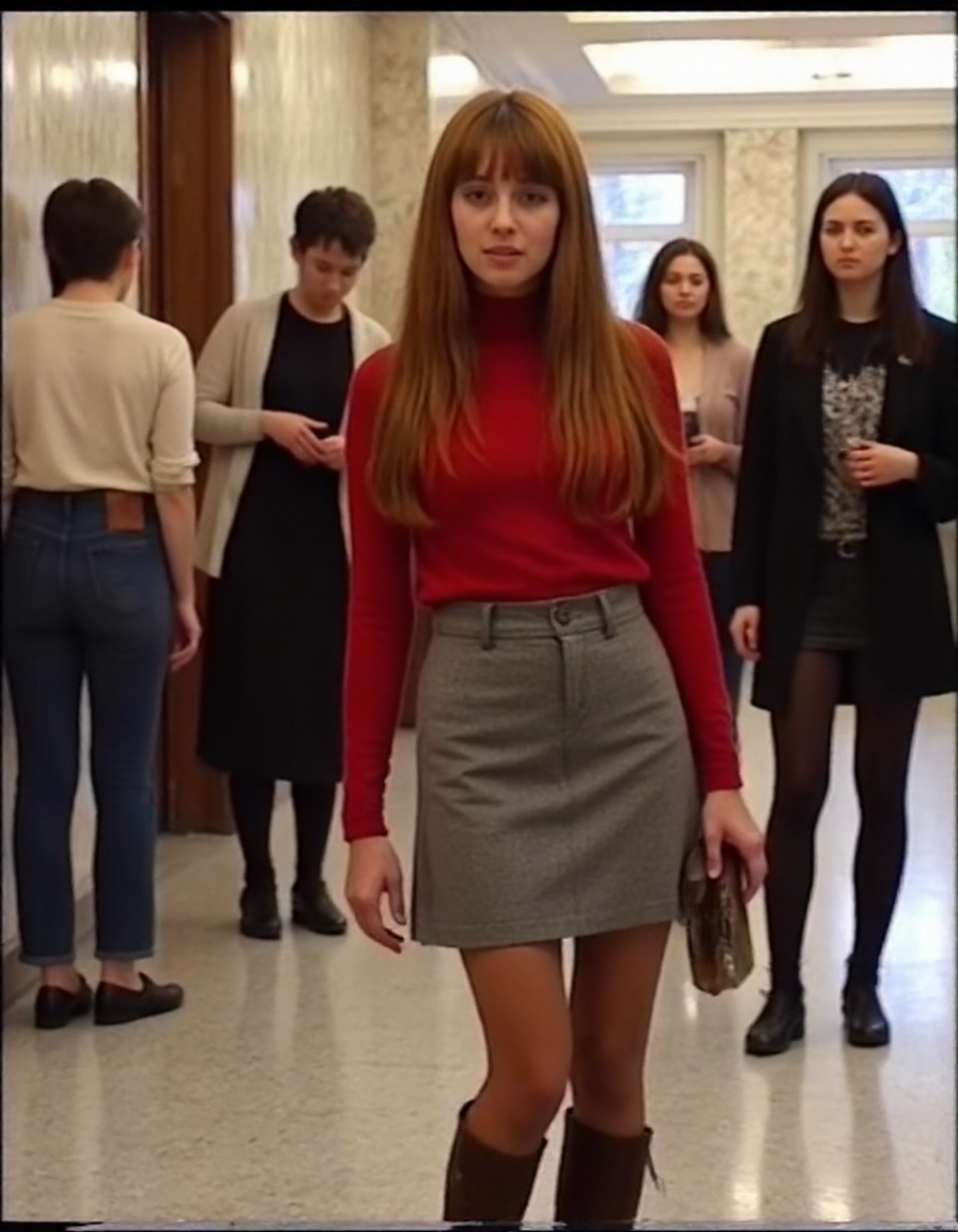 v8s, analog photo, analog style, realistic, photo, closeup, tall slim, 18yo austrian female, with very long auburn straight hair with copper undertones, freckled face, in red wool turtleneck, grey skirt, brown pantyhose, knee-length healless boots, holding book, indoors, library, (multiple people behind in random casual 2000s clothes), marble walls, cinematic light, vivid lights, artificial light, cinematic shadows, low details, leaked film <lora:2000analogcore_v3:1>